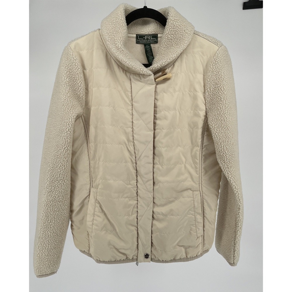 Ralph Lauren Active Sherpa Quilted Jacket Women Size L Ivory Classic Preppy